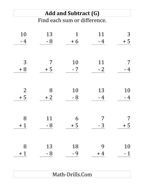 The Adding and Subtracting with Facts From 1 to 9 (G) Math Worksheet