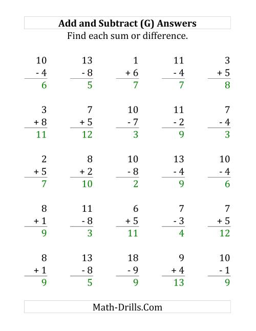 The Adding and Subtracting with Facts From 1 to 9 (G) Math Worksheet Page 2