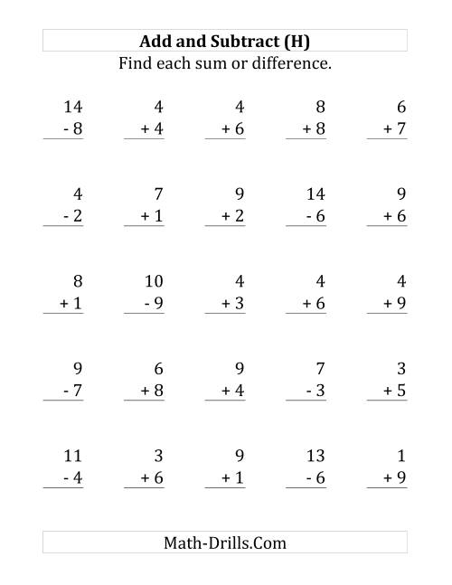 The Adding and Subtracting with Facts From 1 to 9 (H) Math Worksheet
