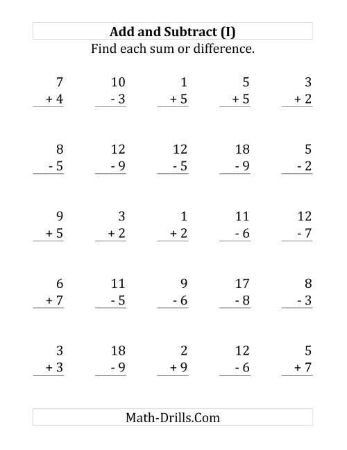 The Adding and Subtracting with Facts From 1 to 9 (I) Math Worksheet