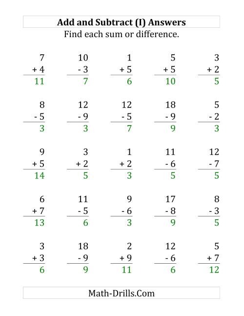 The Adding and Subtracting with Facts From 1 to 9 (I) Math Worksheet Page 2