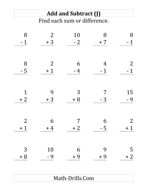 The Adding and Subtracting with Facts From 1 to 9 (J) Math Worksheet