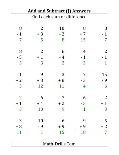 The Adding and Subtracting with Facts From 1 to 9 (J) Math Worksheet Page 2