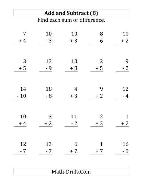 The Adding and Subtracting with Facts From 1 to 10 (B) Math Worksheet