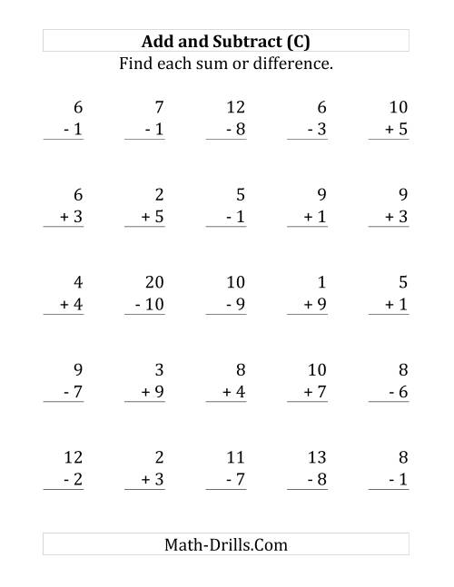 The Adding and Subtracting with Facts From 1 to 10 (C) Math Worksheet