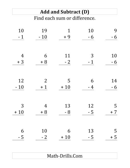 The Adding and Subtracting with Facts From 1 to 10 (D) Math Worksheet