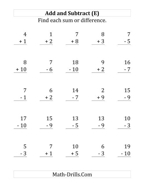 The Adding and Subtracting with Facts From 1 to 10 (E) Math Worksheet