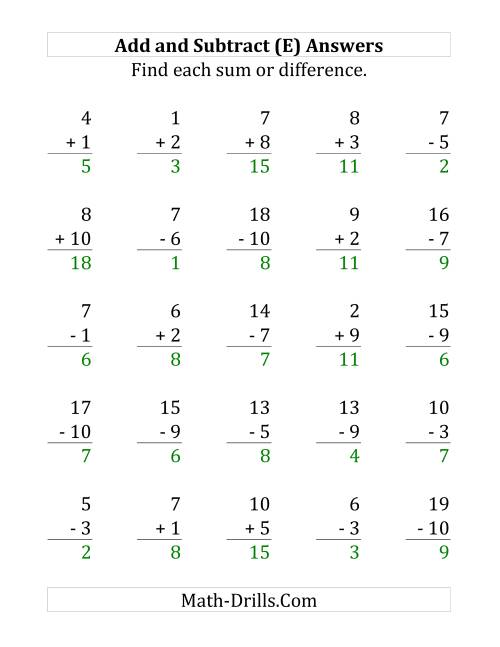 The Adding and Subtracting with Facts From 1 to 10 (E) Math Worksheet Page 2