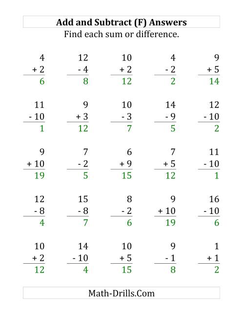 The Adding and Subtracting with Facts From 1 to 10 (F) Math Worksheet Page 2