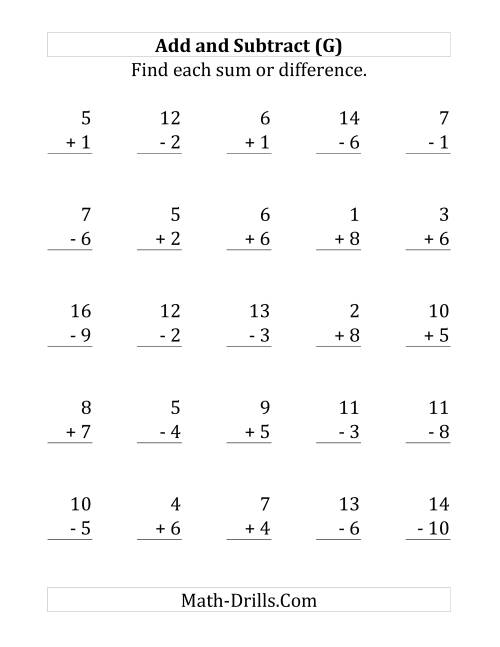 The Adding and Subtracting with Facts From 1 to 10 (G) Math Worksheet