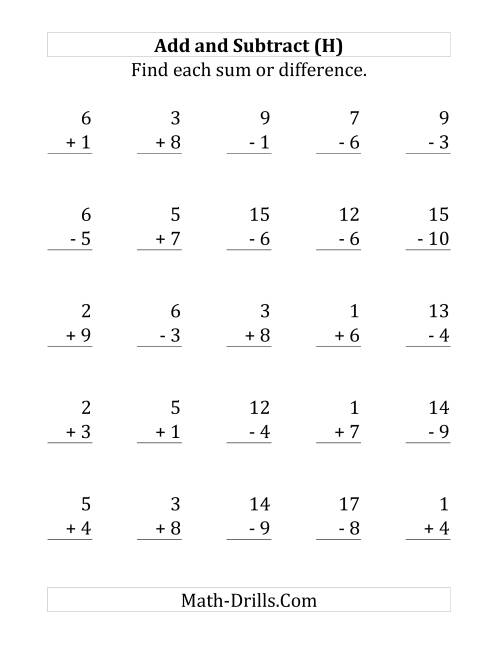 The Adding and Subtracting with Facts From 1 to 10 (H) Math Worksheet