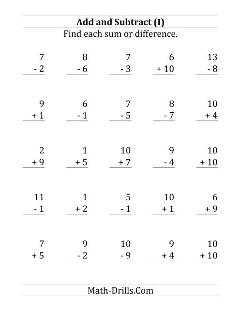 The Adding and Subtracting with Facts From 1 to 10 (I) Math Worksheet