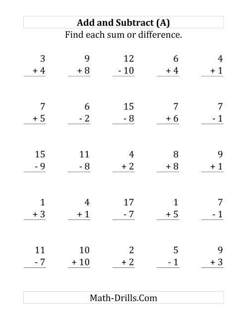 The Adding and Subtracting with Facts From 1 to 10 (Large Print) Math Worksheet