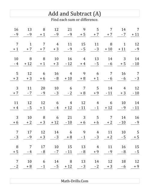 The Adding and Subtracting with Facts From 1 to 12 (A) Math Worksheet