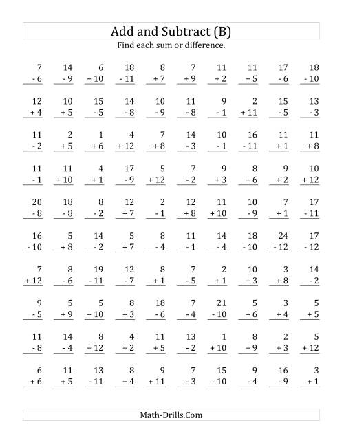The Adding and Subtracting with Facts From 1 to 12 (B) Math Worksheet