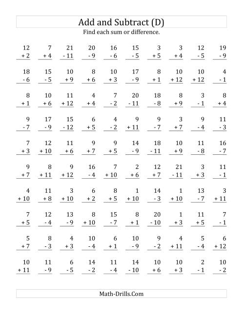 The Adding and Subtracting with Facts From 1 to 12 (D) Math Worksheet