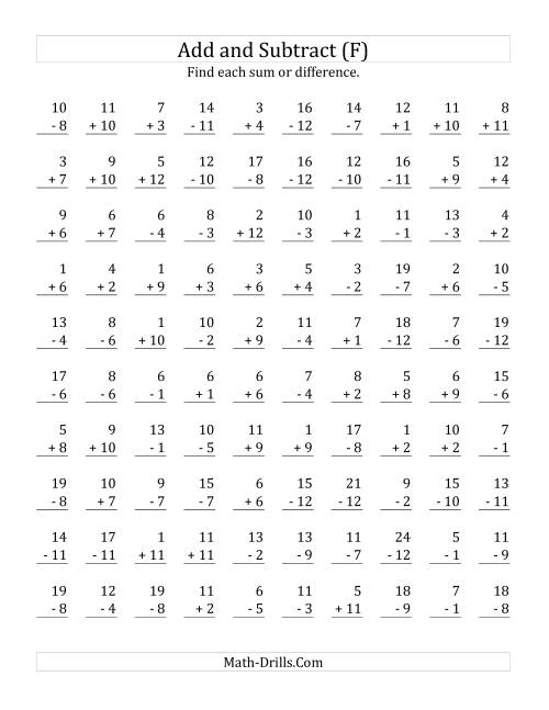 The Adding and Subtracting with Facts From 1 to 12 (F) Math Worksheet
