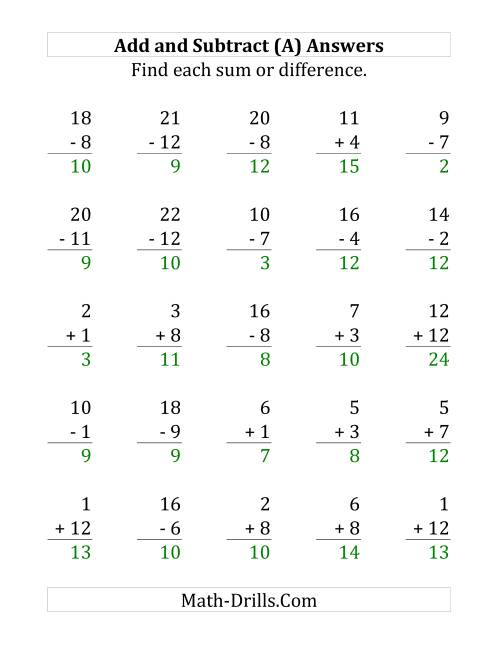 The Adding and Subtracting with Facts From 1 to 12 (A) Math Worksheet Page 2