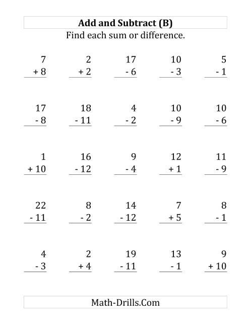 The Adding and Subtracting with Facts From 1 to 12 (B) Math Worksheet