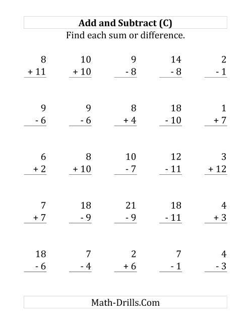 The Adding and Subtracting with Facts From 1 to 12 (C) Math Worksheet