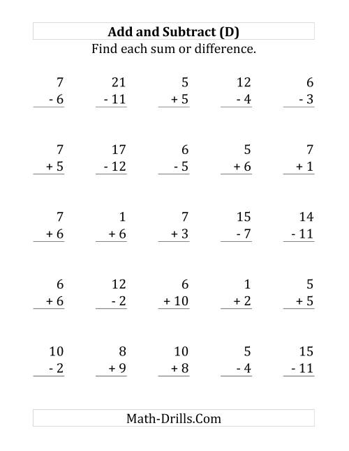 The Adding and Subtracting with Facts From 1 to 12 (D) Math Worksheet