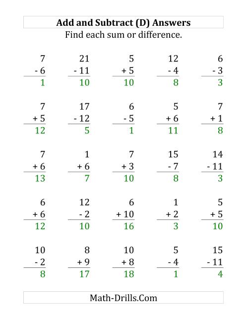The Adding and Subtracting with Facts From 1 to 12 (D) Math Worksheet Page 2