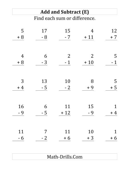 The Adding and Subtracting with Facts From 1 to 12 (E) Math Worksheet