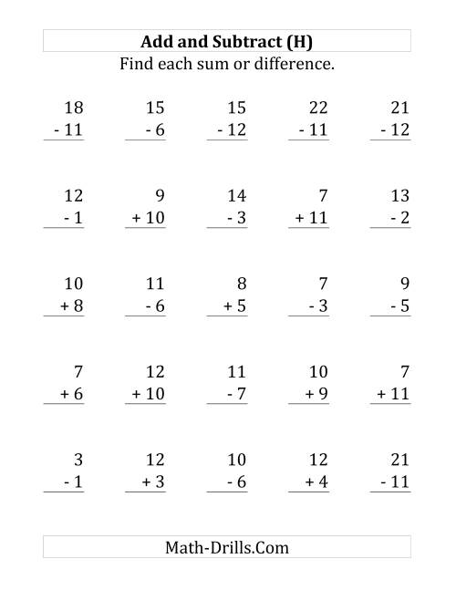 The Adding and Subtracting with Facts From 1 to 12 (H) Math Worksheet