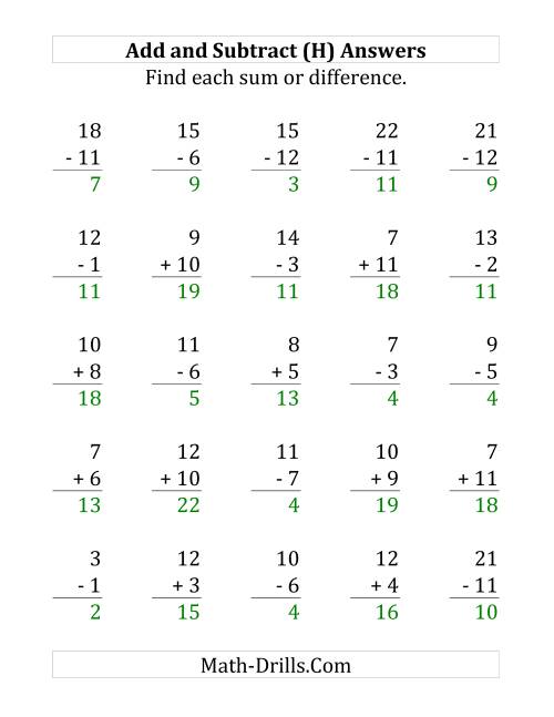 The Adding and Subtracting with Facts From 1 to 12 (H) Math Worksheet Page 2