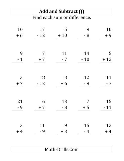 The Adding and Subtracting with Facts From 1 to 12 (J) Math Worksheet