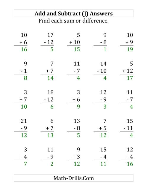 The Adding and Subtracting with Facts From 1 to 12 (J) Math Worksheet Page 2