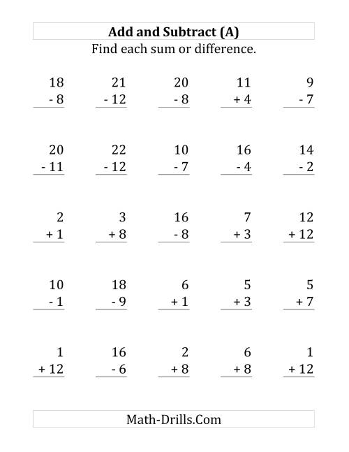 The Adding and Subtracting with Facts From 1 to 12 (Large Print) Math Worksheet