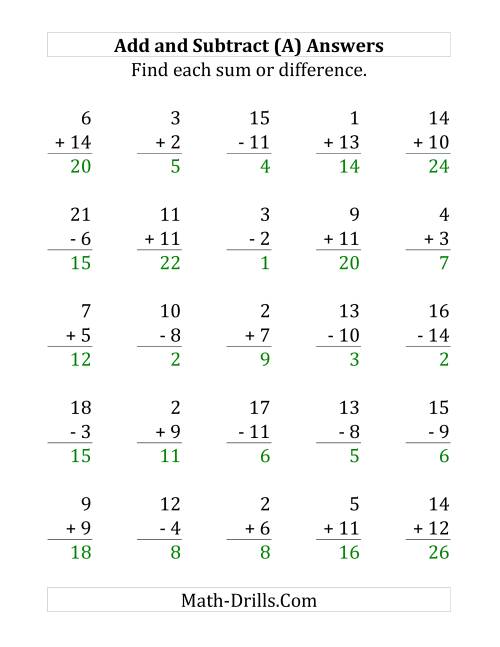 The Adding and Subtracting with Facts From 1 to 15 (A) Math Worksheet Page 2