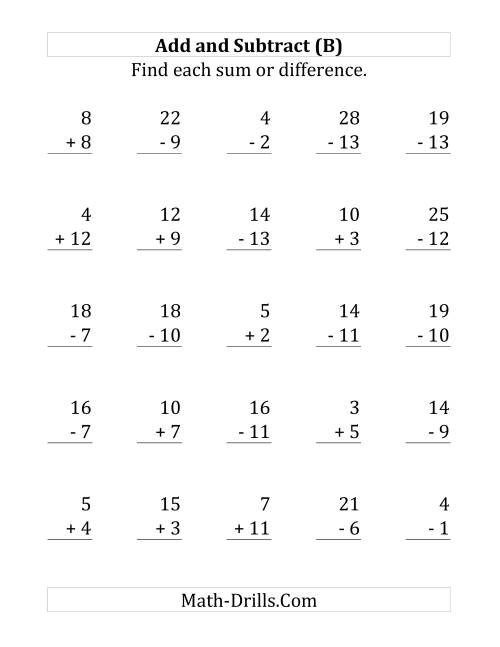 The Adding and Subtracting with Facts From 1 to 15 (B) Math Worksheet