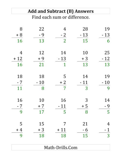 The Adding and Subtracting with Facts From 1 to 15 (B) Math Worksheet Page 2