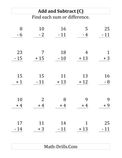 The Adding and Subtracting with Facts From 1 to 15 (C) Math Worksheet