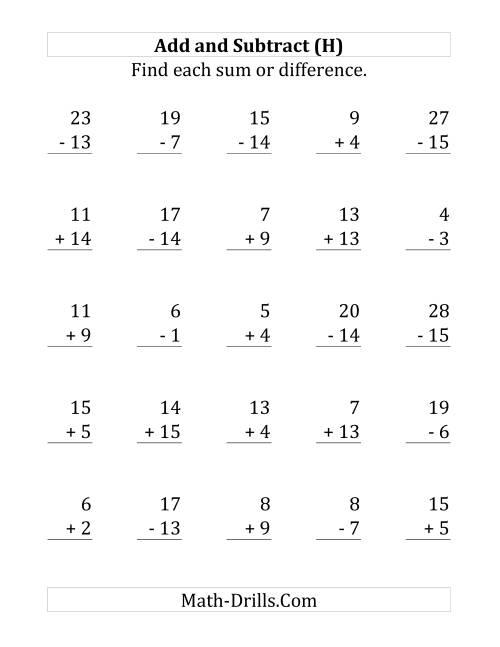 The Adding and Subtracting with Facts From 1 to 15 (H) Math Worksheet