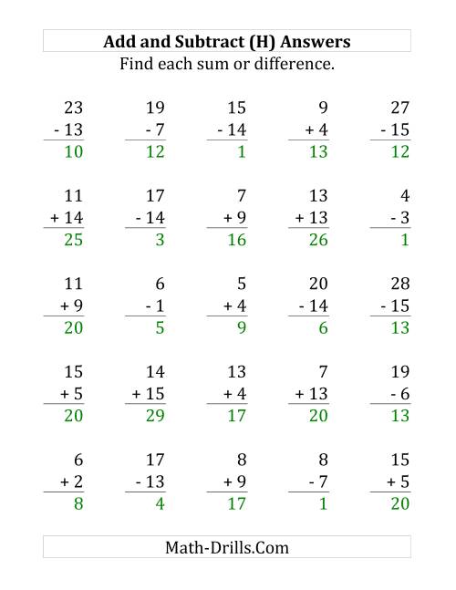 The Adding and Subtracting with Facts From 1 to 15 (H) Math Worksheet Page 2