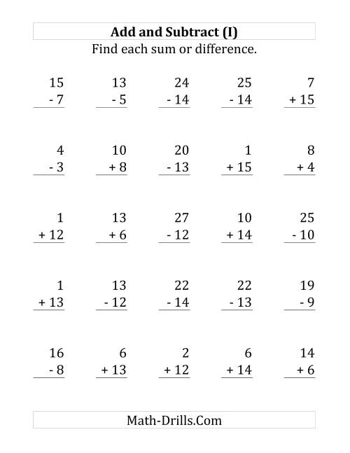 The Adding and Subtracting with Facts From 1 to 15 (I) Math Worksheet