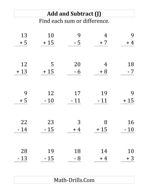 The Adding and Subtracting with Facts From 1 to 15 (J) Math Worksheet