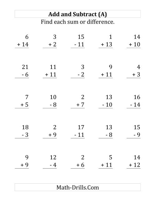 The Adding and Subtracting with Facts From 1 to 15 (Large Print) Math Worksheet