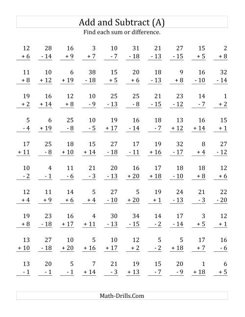 The Adding and Subtracting with Facts From 1 to 20 (A) Math Worksheet
