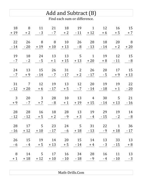 The Adding and Subtracting with Facts From 1 to 20 (B) Math Worksheet