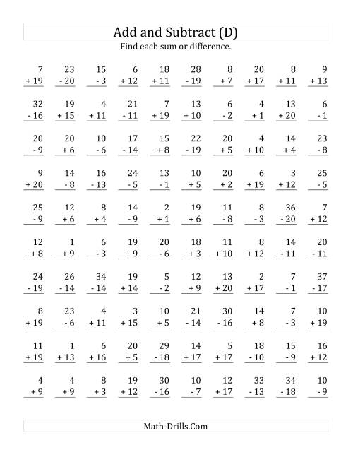 The Adding and Subtracting with Facts From 1 to 20 (D) Math Worksheet