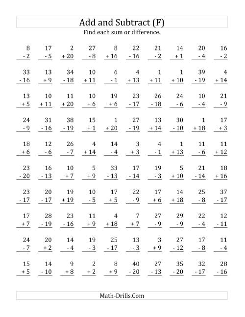 The Adding and Subtracting with Facts From 1 to 20 (F) Math Worksheet