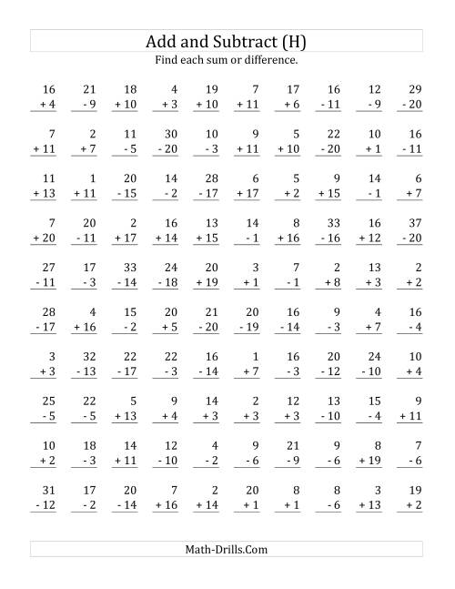 The Adding and Subtracting with Facts From 1 to 20 (H) Math Worksheet