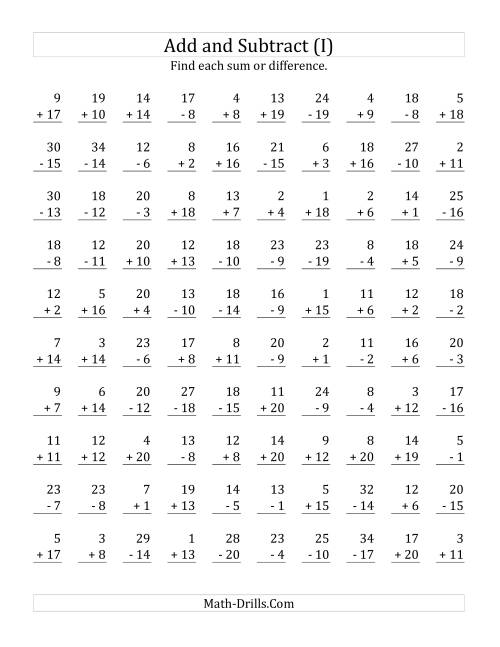 The Adding and Subtracting with Facts From 1 to 20 (I) Math Worksheet