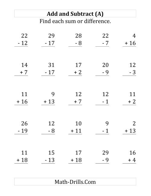 The Adding and Subtracting with Facts From 1 to 20 (A) Math Worksheet