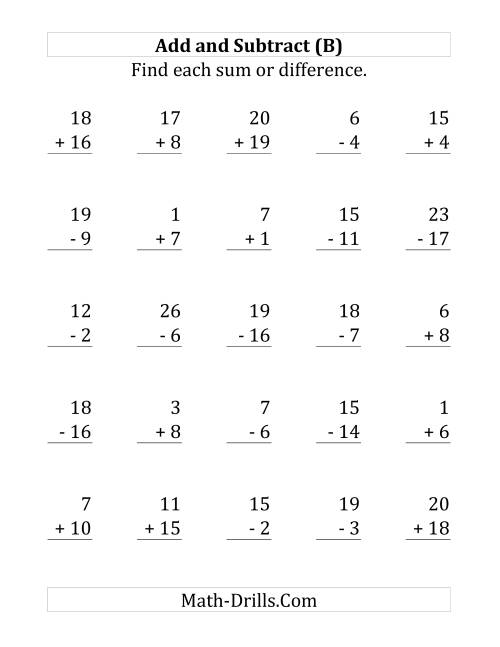 The Adding and Subtracting with Facts From 1 to 20 (B) Math Worksheet