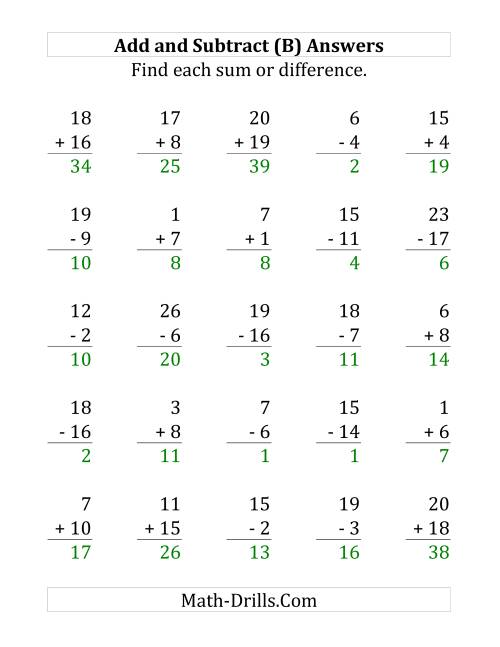 The Adding and Subtracting with Facts From 1 to 20 (B) Math Worksheet Page 2